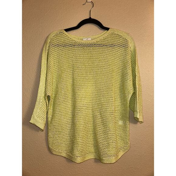 J jill Crochet Mesh Beachy CoastalCore Summer Yellow Greenish Ribbed 3/4 Sleeve - Picture 3 of 10